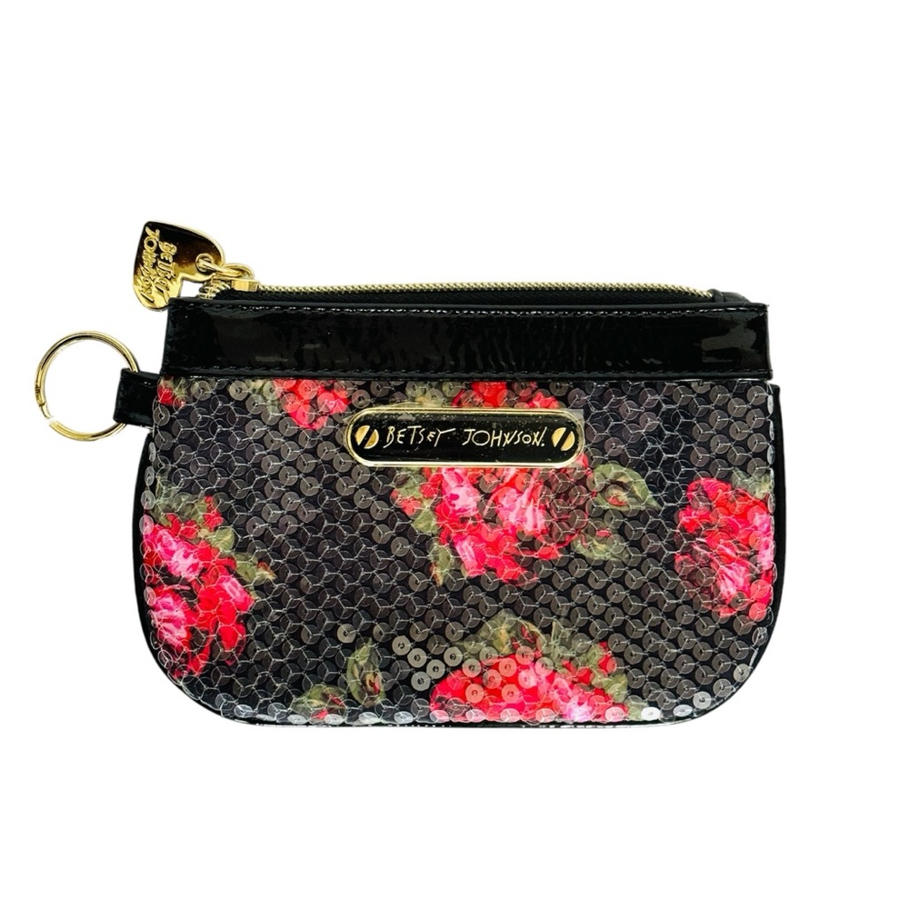 BETSEY JOHNSON Sequin Black & Red Roses Coin Purse Pouch NWT